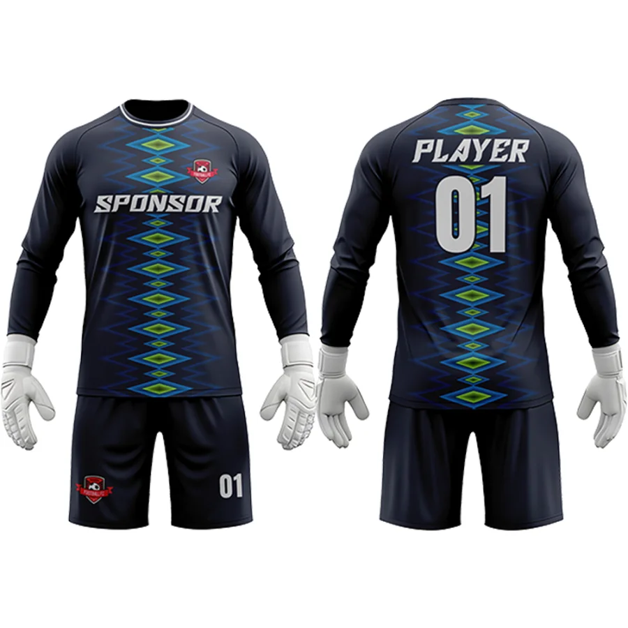 TONTON-Torwart-Set in Marineblau mit Diamantmuster – atmungsaktiver Mesh-Anzug mit individuell gestaltbarem Logo