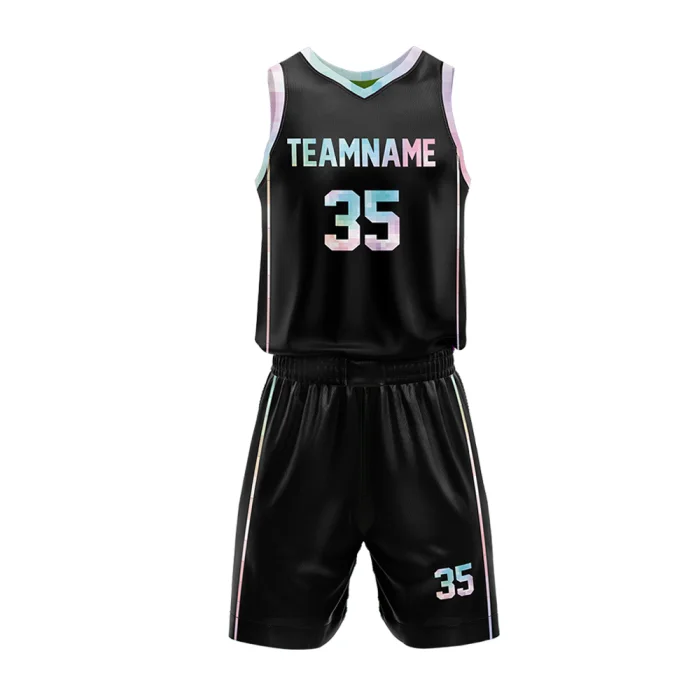 Front view of tonton professional black basketball uniform with subtle side piping and white team name and number 35.
