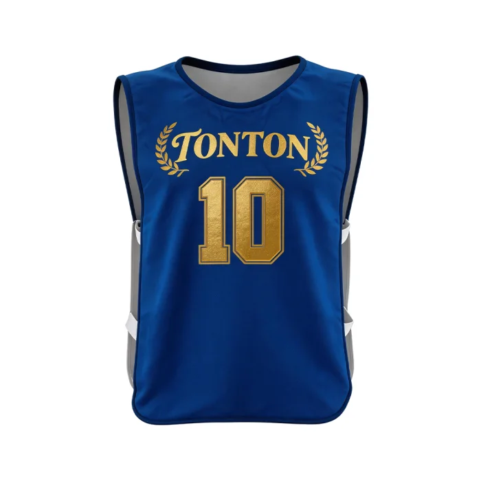 Front view of tonton royal blue soccer scrimmage bib with gold "Tonton" logo and laurel wreath detail.