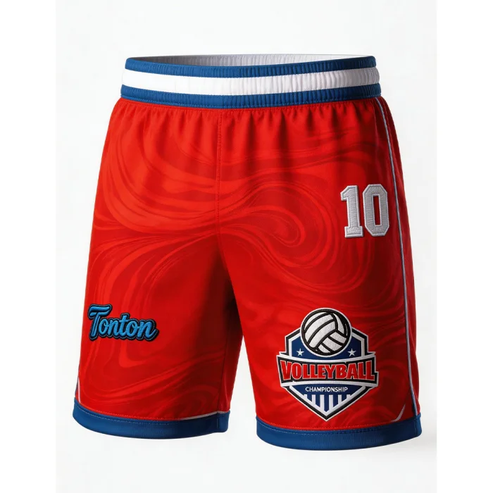 Front view of tonton custom red volleyball shorts with blue trim, swirling patterns, and player number 10.