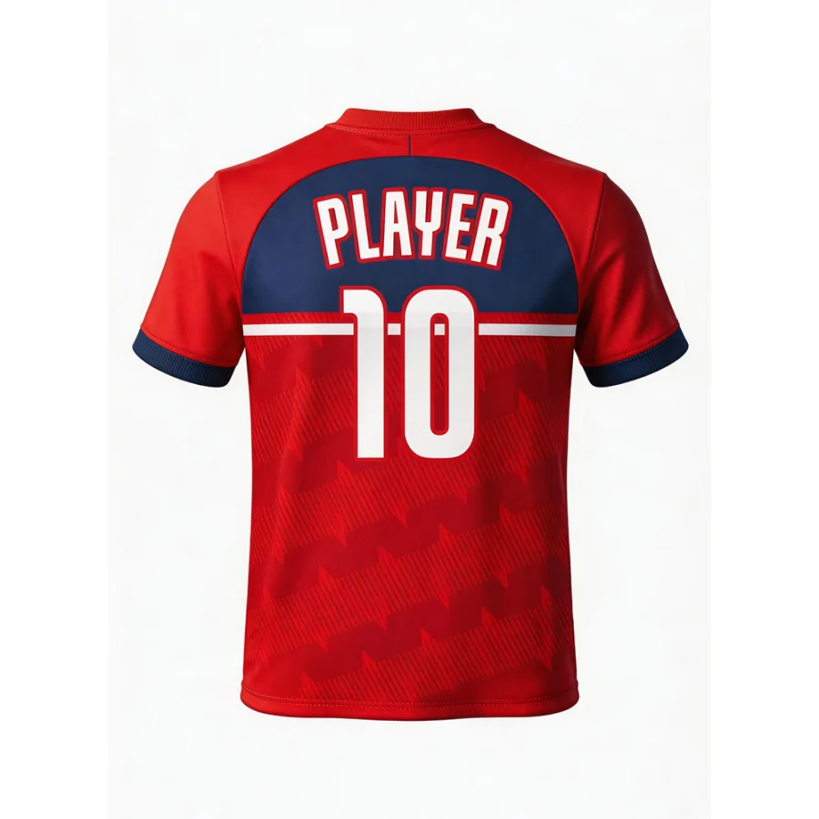 Back view of tonton red volleyball training jersey featuring "PLAYER 10" on navy shoulder panel.