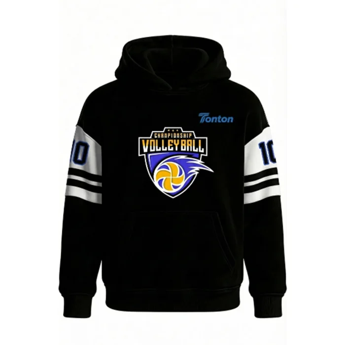 Front view of tonton custom black athletic hoodie with cream side panels, featuring a professional volleyball team logo and number 10.