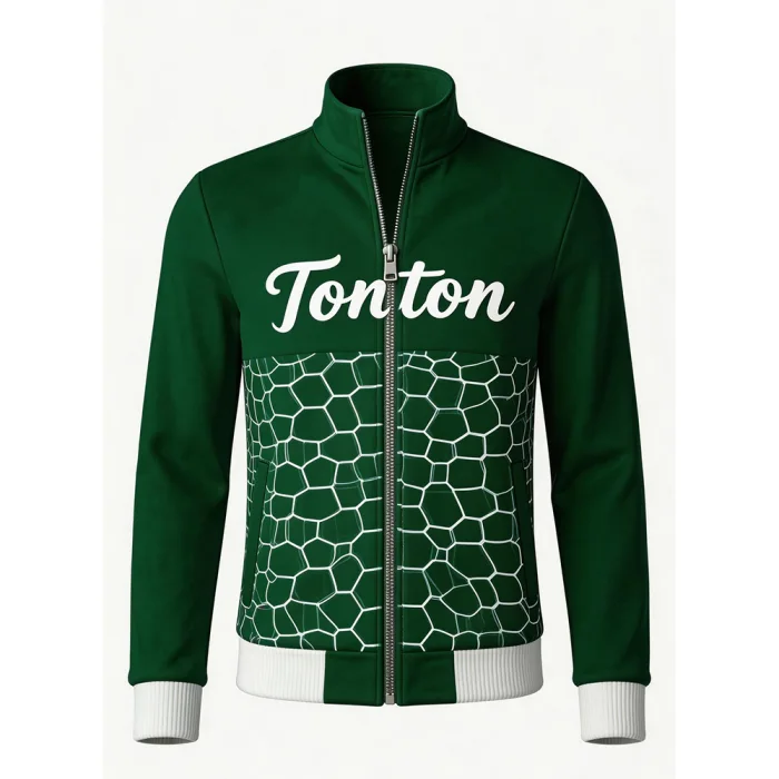 Front view of tonton forest green soccer jacket with a white script logo and abstract crackle print.