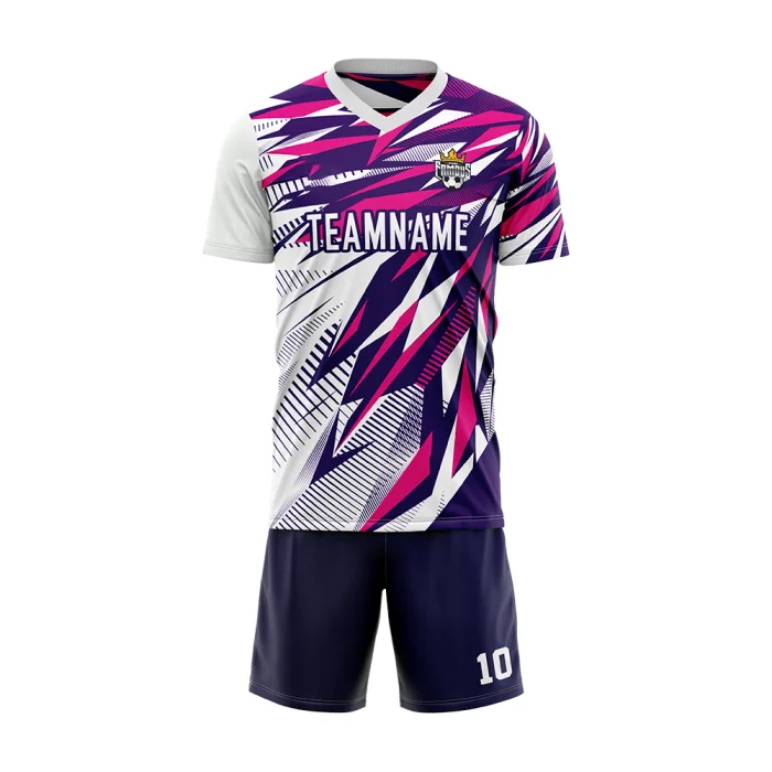 Front view of tonton white and purple soccer kit with sharp splash graphic and matching navy shorts.