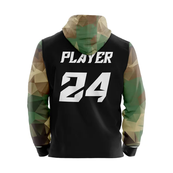 Back view of tonton black warm-up hoodie featuring "PLAYER 24" in white bold font and geometric camo hood.