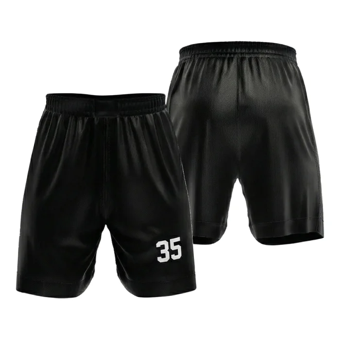 Front view and back view of tonton classic black basketball shorts featuring a clean athletic fit and bold white number 35.