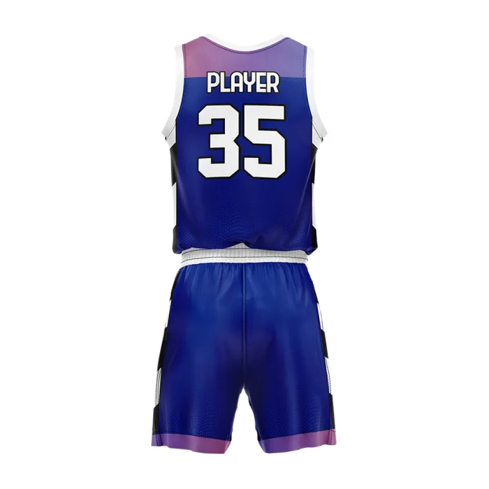 Back view of tonton custom blue and purple gradient basketball kit with professional player name and number 35.
