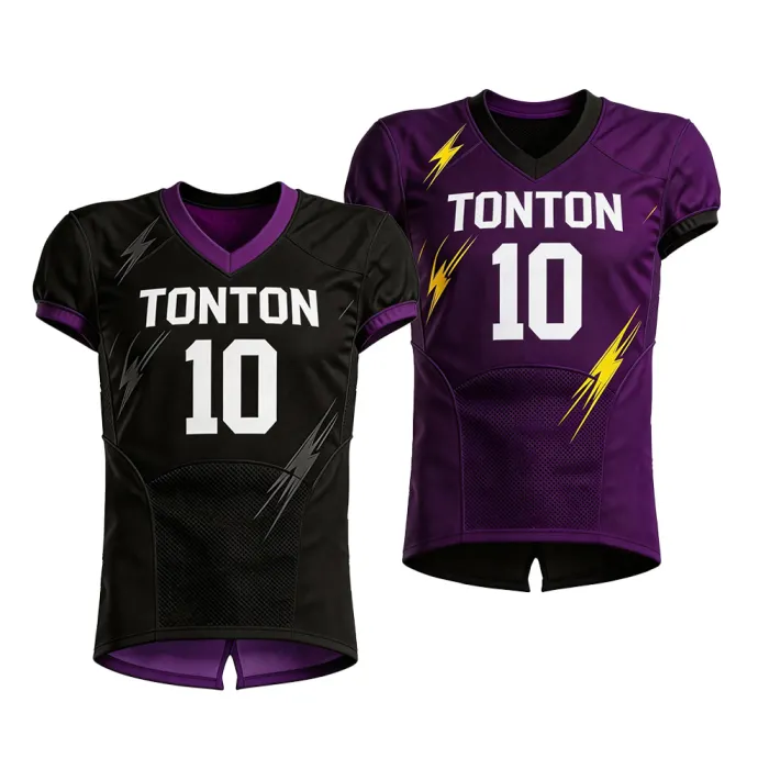 Front view of tonton reversible American football jerseys in black and purple featuring vibrant yellow lightning bolt graphics.