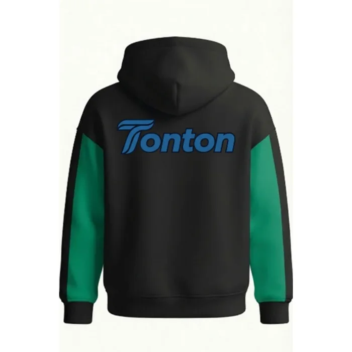Back view of tonton black and green customized team hoodie with a sleek blue text brand logo.