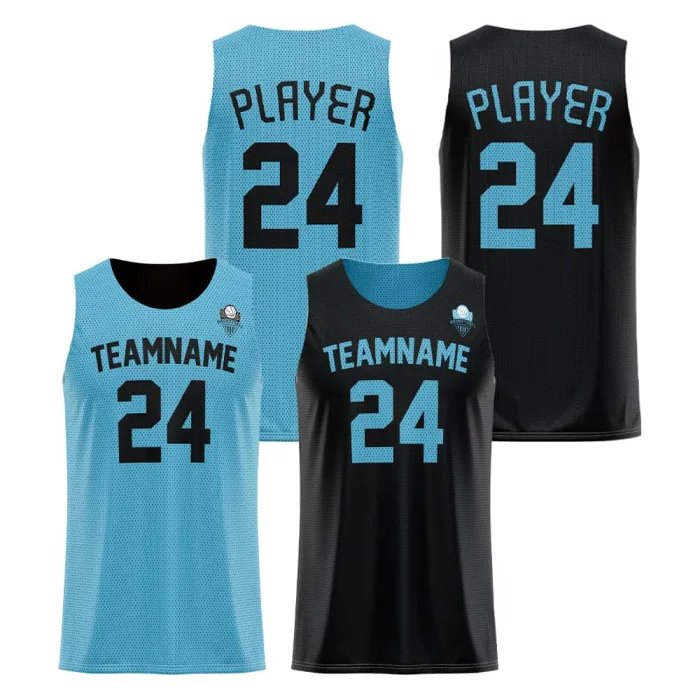 Front view and back view of tonton reversible basketball jersey in light blue and black, showcasing a full mesh breathable texture and pinstripe detail with team branding.