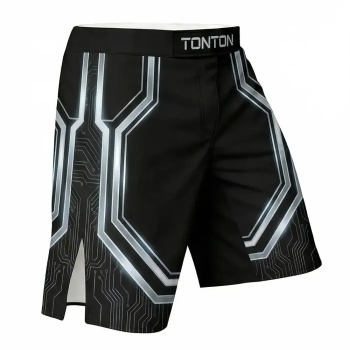 tonton black custom MMA shorts right view with geometric armor graphic fightwear