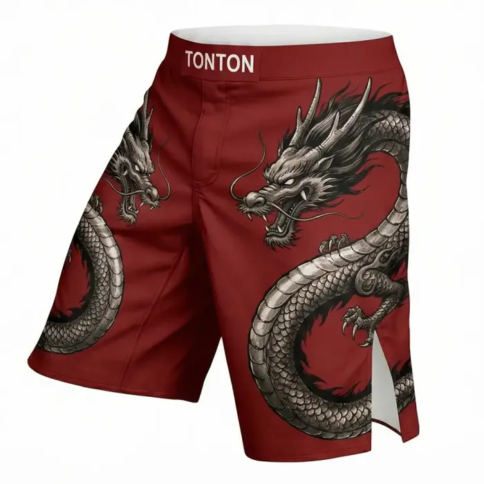 tonton dark red custom MMA shorts left view featuring Asian dragon graphic fightwear