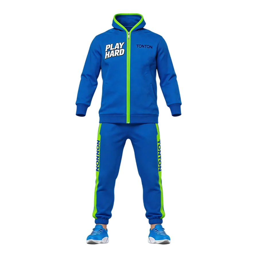 TONTON-Fußball-Trainingsanzug in Königsblau mit Limettentönen – individuell gestaltbares Logo, atmungsaktives Mesh-Material