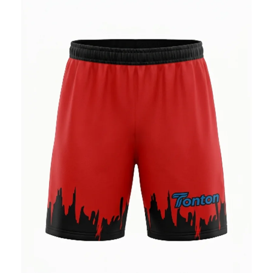 TONTON-Rot-Sporthosen für Fußball mit schwarzer Skyline-Grafik – Vollsublimierte, individuelle Sportbekleidung
