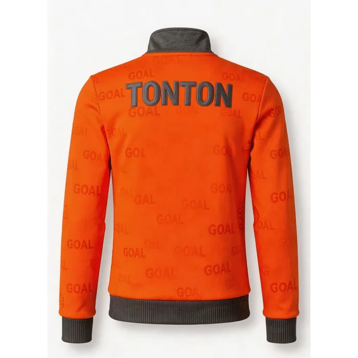 Back view of tonton custom orange soccer jacket with "TONTON" branding and athletic trim.