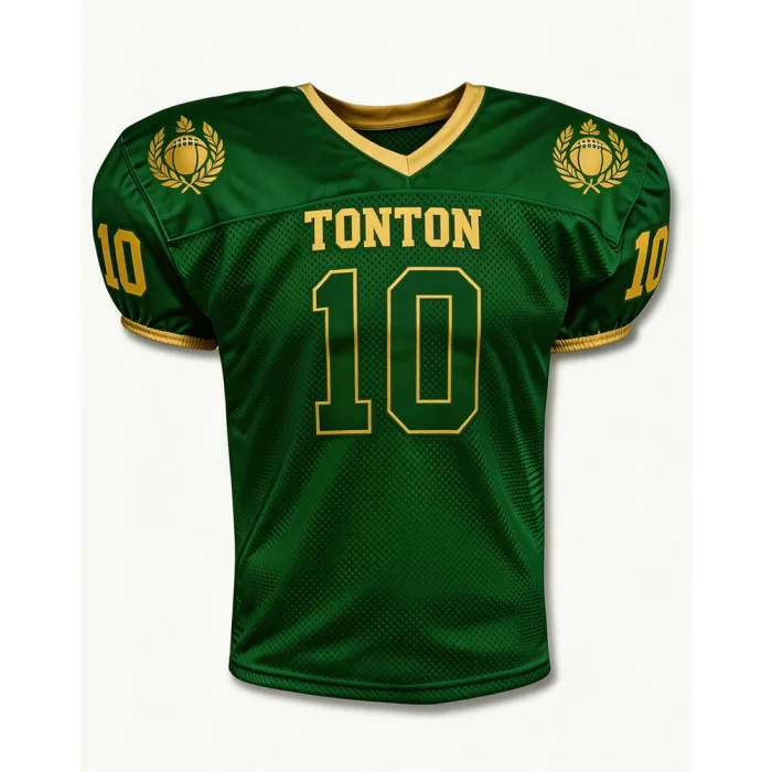 Front view of tonton forest green football practice jersey featuring gold numbering and custom circular team logos on shoulders.