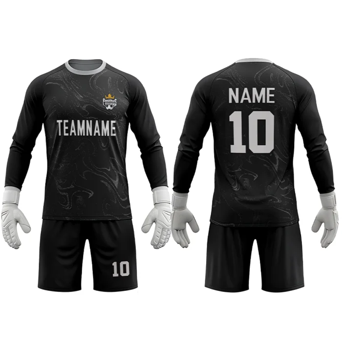 Front view of tonton black long-sleeve goalkeeper jersey featuring a subtle grey smoke texture and team branding.