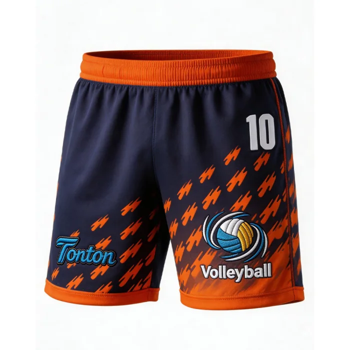 tonton professional navy and orange volleyball shorts featuring a diagonal paw print pattern and white athletic number 10.