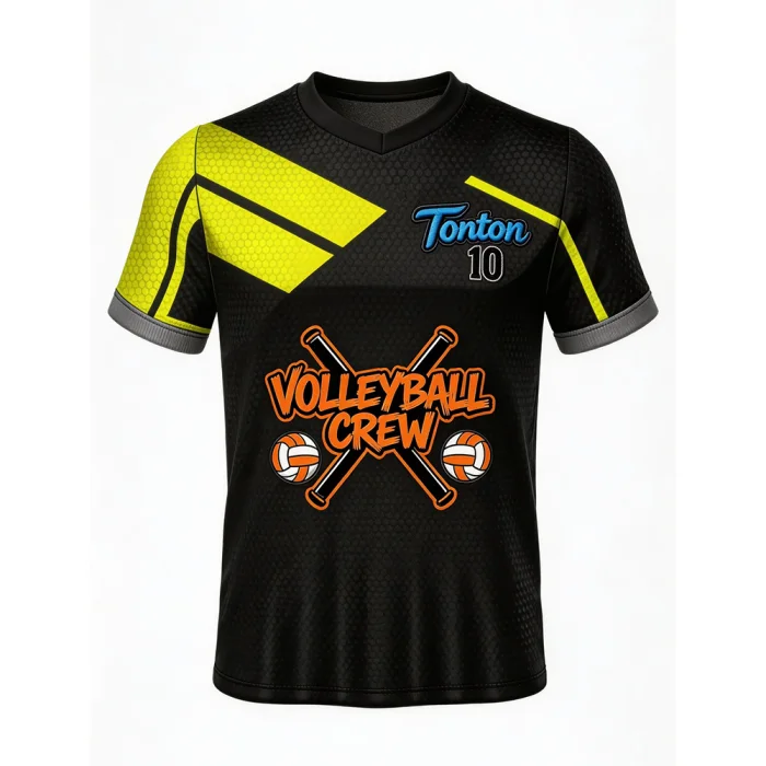 Front of tonton custom black and yellow volleyball training top with bold graphic print.