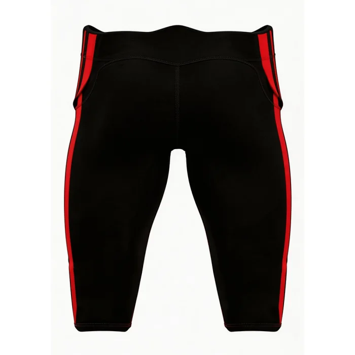 Back view of tonton professional black football game pants featuring red side panels and athletic fit.