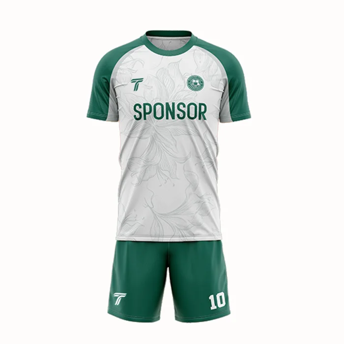 Front view of tonton white and forest green soccer kit featuring subtle dotted texture and green shorts.