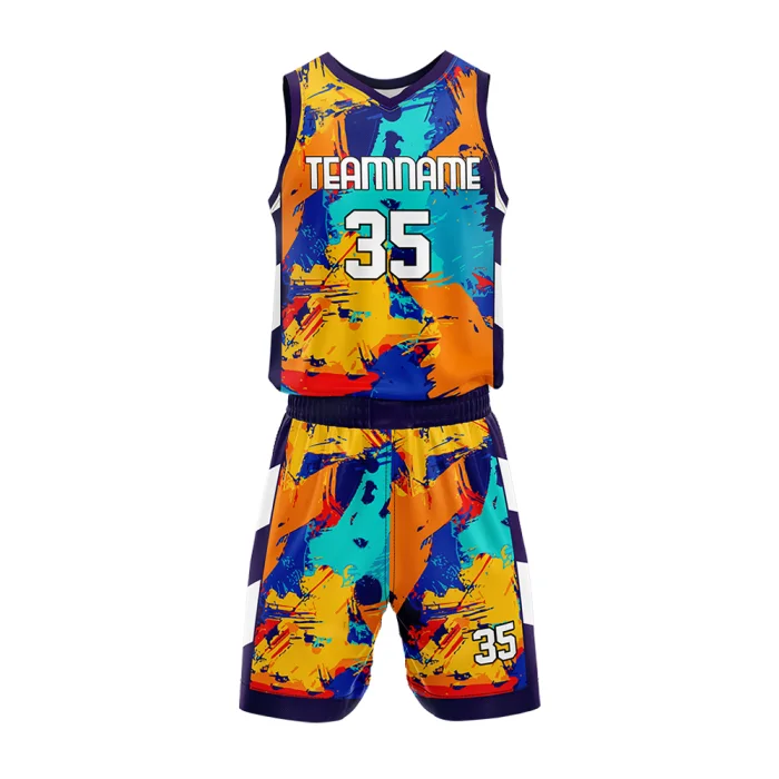 Front view of tonton custom basketball game uniform featuring a vibrant orange, blue, and yellow graffiti splash pattern with number 35.