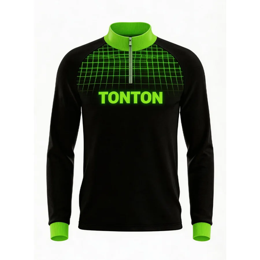 TONTON-Sportanzug-Oberteil in Schwarz und Neon-Grün für Fußball – individuell gestaltbares Logo, leichtes, atmungsaktives Mesh-Material
