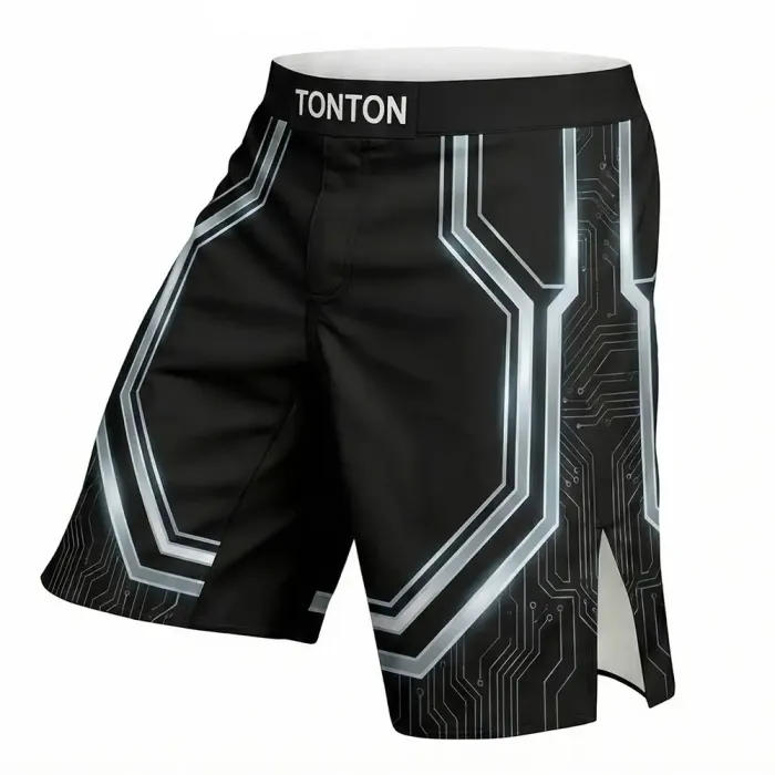 tonton black custom MMA shorts left view with white sci fi armor lines fightwear