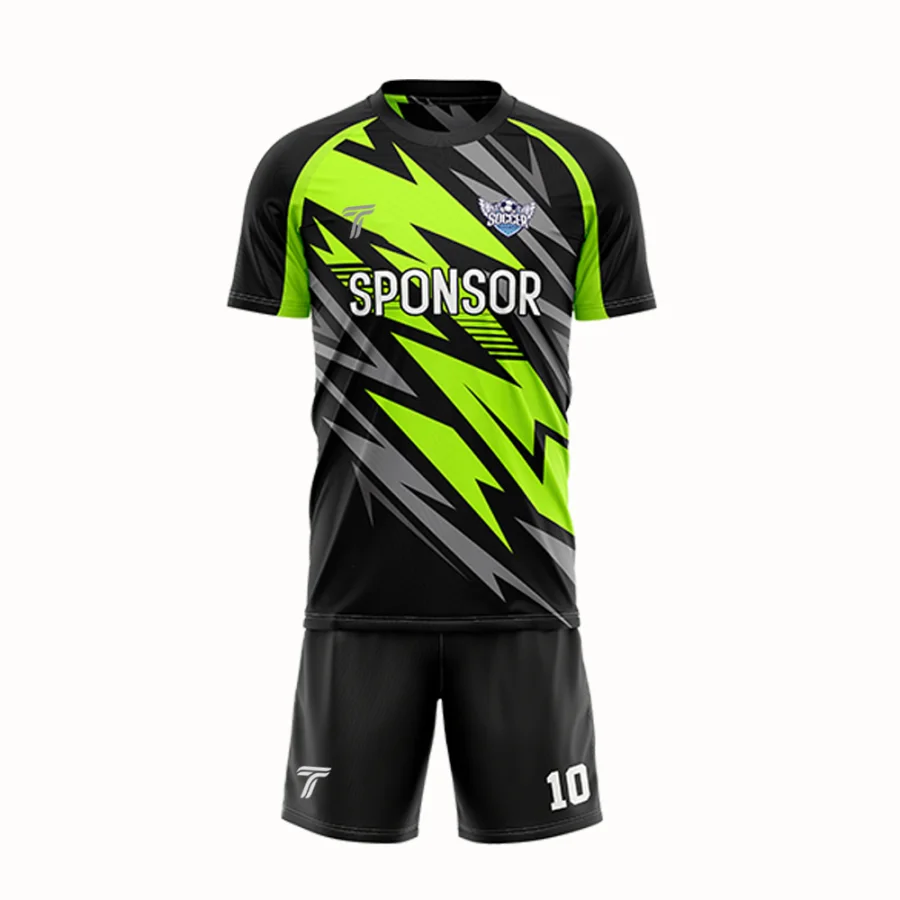 TONTON-Spielausrüstung in Schwarz und Neon-Grün mit grafischem Design – individuell gestaltbares Logo, atmungsaktives Mesh-Material, komplettes Teamset