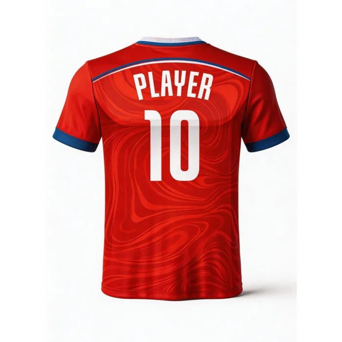 Back of tonton red volleyball jersey with wavy water patterns and "PLAYER 10" print.