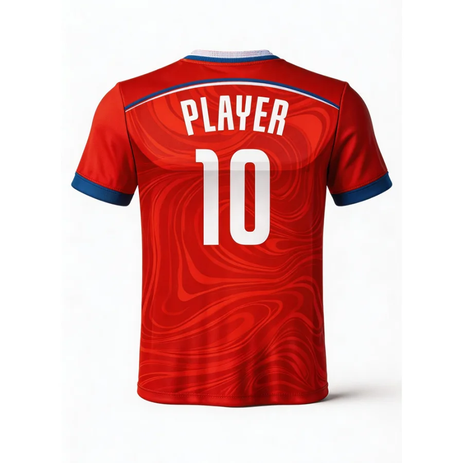 Back of tonton red volleyball jersey with wavy water patterns and "PLAYER 10" print.