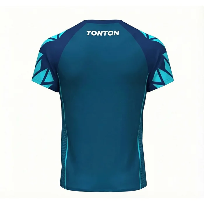 tonton teal custom boxing jersey back view with geometric pattern sleeves fightwear