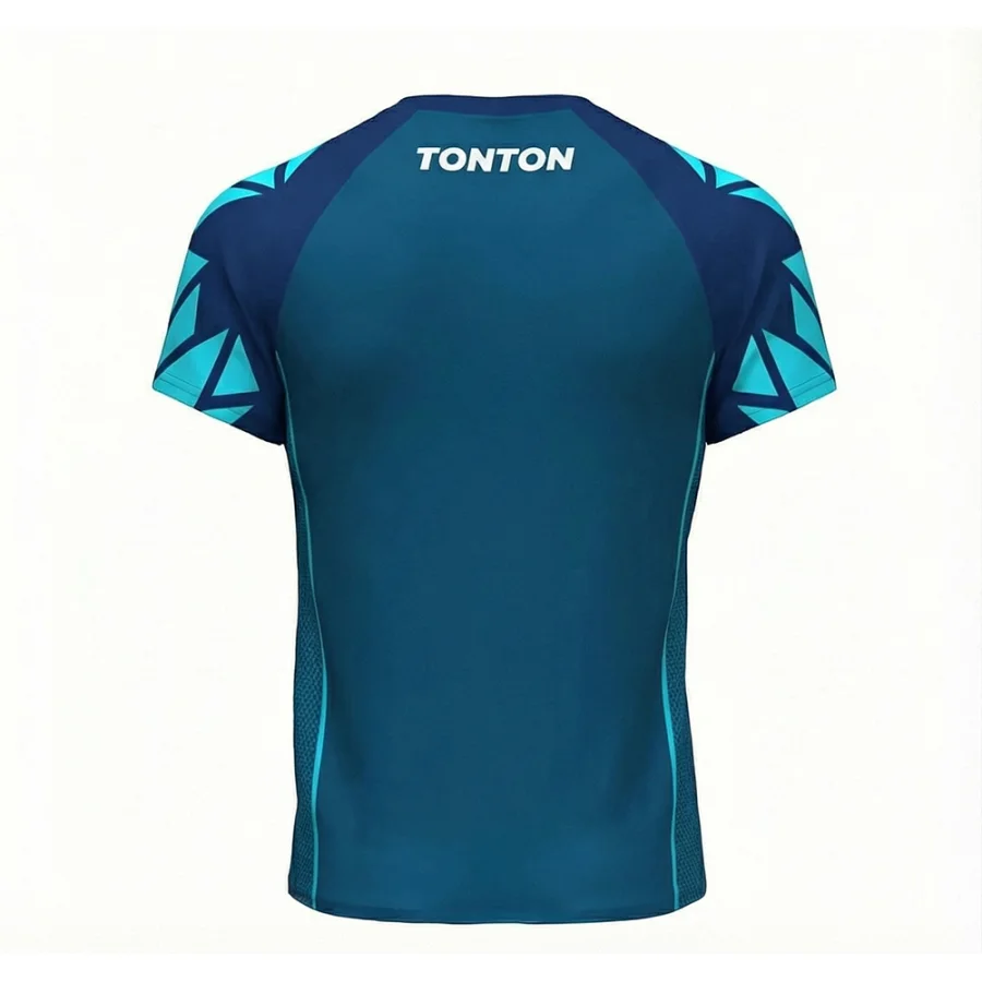 tonton teal custom boxing jersey back view with geometric pattern sleeves fightwear