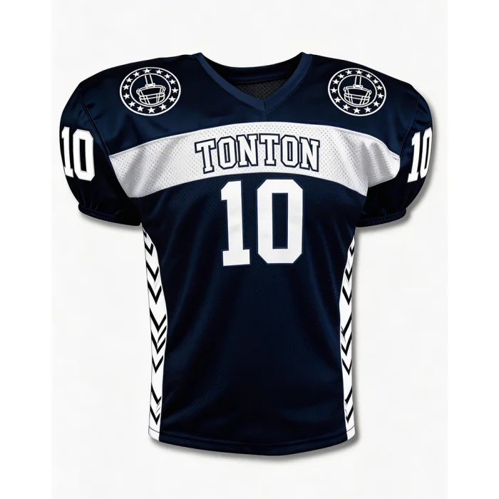 Front view of tonton navy blue football practice jersey with white chest band and distinctive V-shaped chevron side patterns.