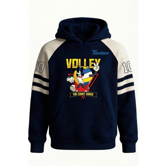 Front view of tonton navy blue and cream varsity-style hoodie featuring a playful cartoon mascot graphic and "VOLLEY" text.