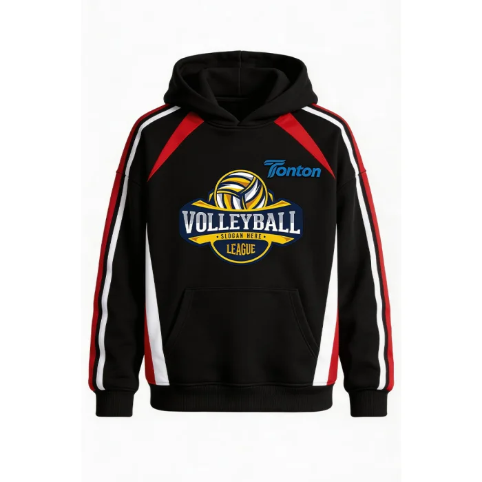Front view of tonton custom black volleyball hoodie with red and white side stripes and a yellow team logo.