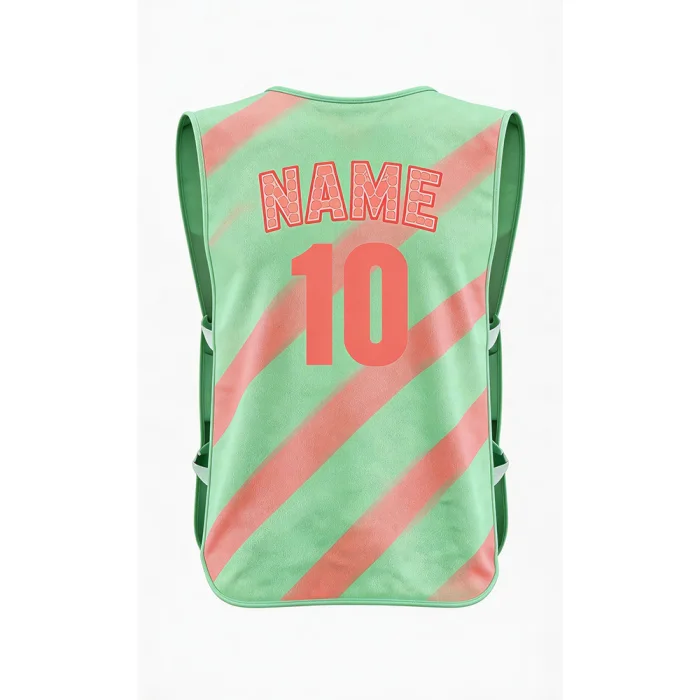 Back view of tonton custom mint green training vest with diagonal pink stripes and number 10.