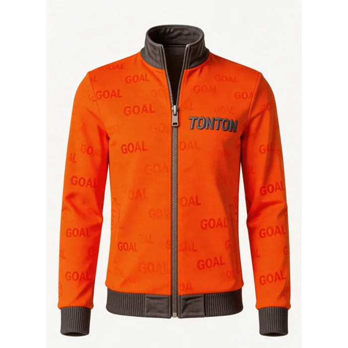 Front view of tonton orange soccer tracksuit jacket with all-over "GOAL" text and dark grey accents.