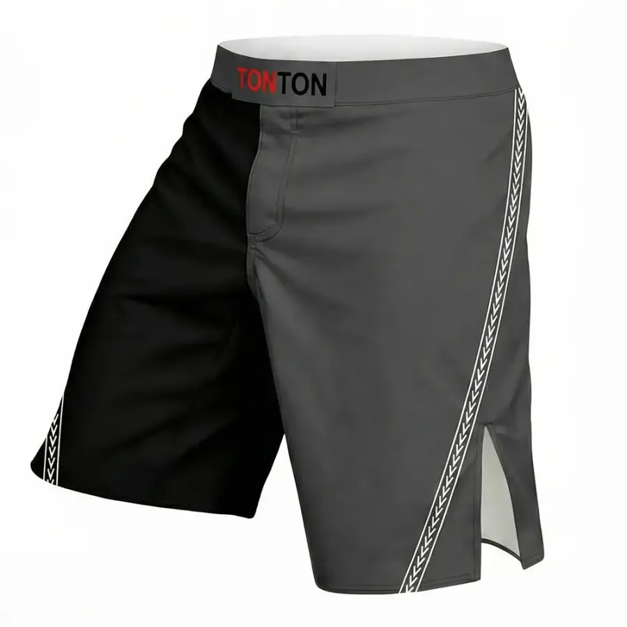 TONTON Black & Grey Split MMA-Shorts – Professionelle Grappling-Ausrüstung mit Dreifachstich für maximale Leistung