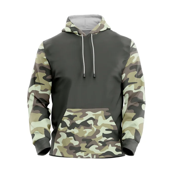Front view of tonton custom basketball hoodie featuring a dark grey body with camouflage print sleeves and kangaroo pocket.