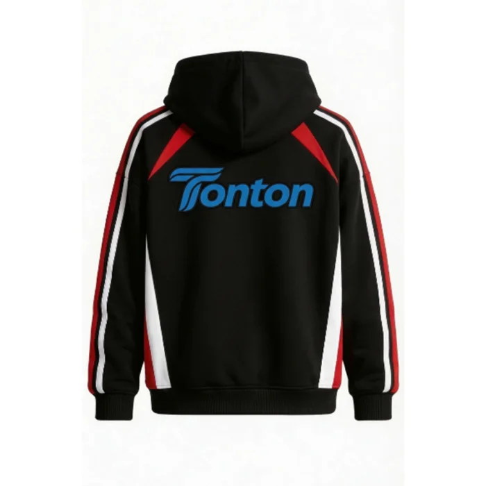 Back view of tonton black athletic hoodie featuring a bold blue brand logo and contrast stripe details.
