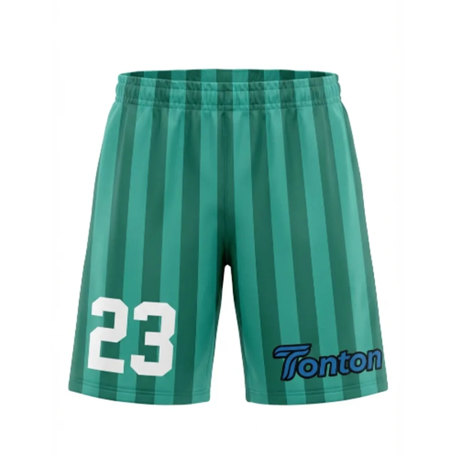 TONTON-Shorts in Teal-Green mit Streifen – Fußballshorts mit vollflächigem Sublimationsdruck, individuell für Ihre Mannschaft gestaltbar