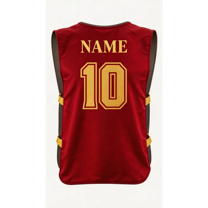 Back view of tonton custom maroon athletic bib with gold player name and number 10.