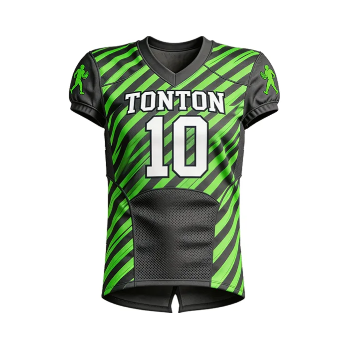 Front view of tonton custom American football jersey with green and black diagonal stripes and number 10.