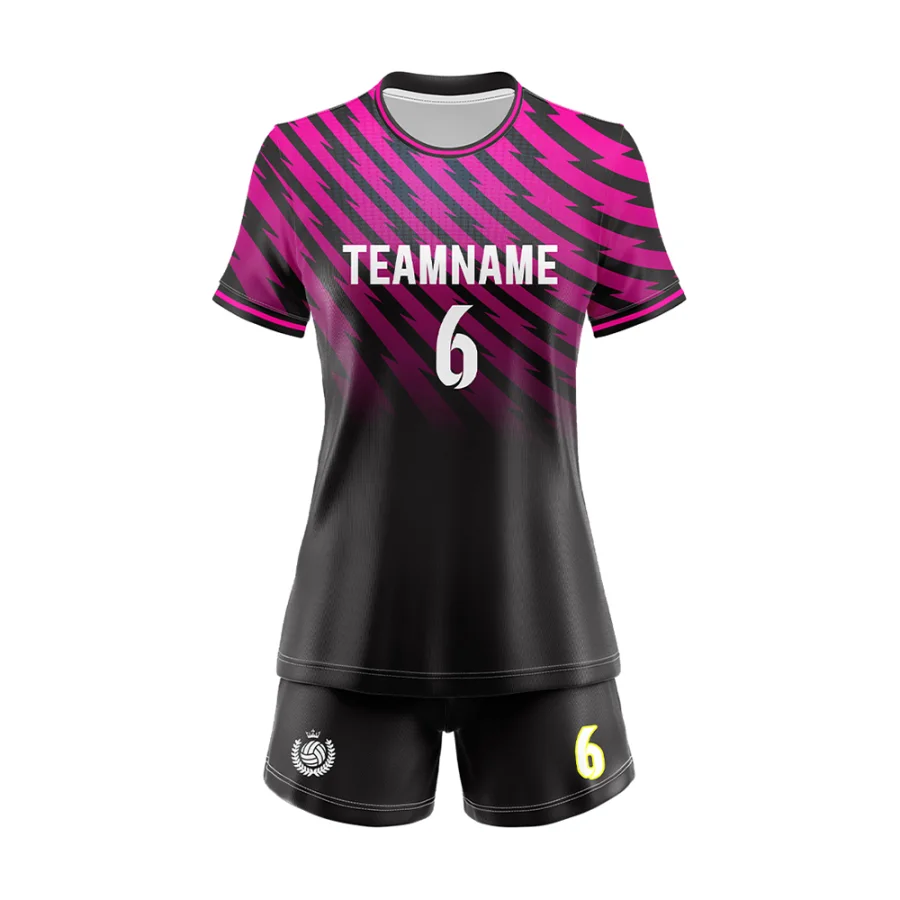 TONTON-Satz für Frauen in Schwarz und Rosa mit Streifen – Volleyball-Outfit mit Racerback-Design und leichter Mesh-Trainingsbekleidung