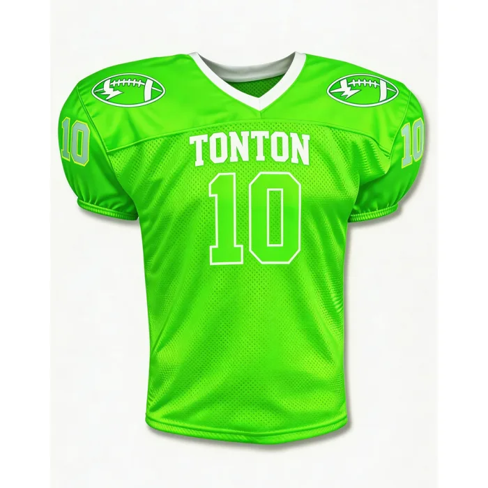 Front view of tonton lime green football practice jersey with white outlined number 10 and professional mesh fabric.