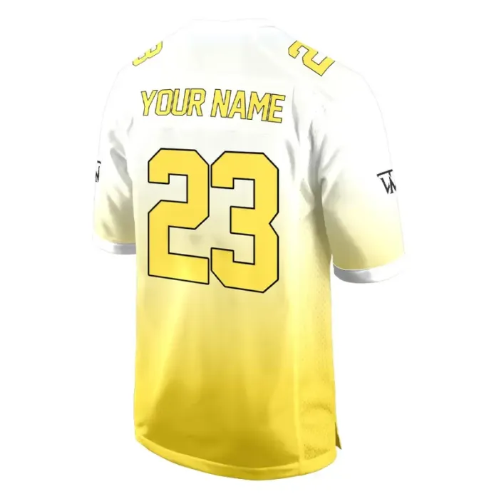 Back view of tonton custom white and yellow fan shirt with "YOUR NAME" and bold yellow number 23.