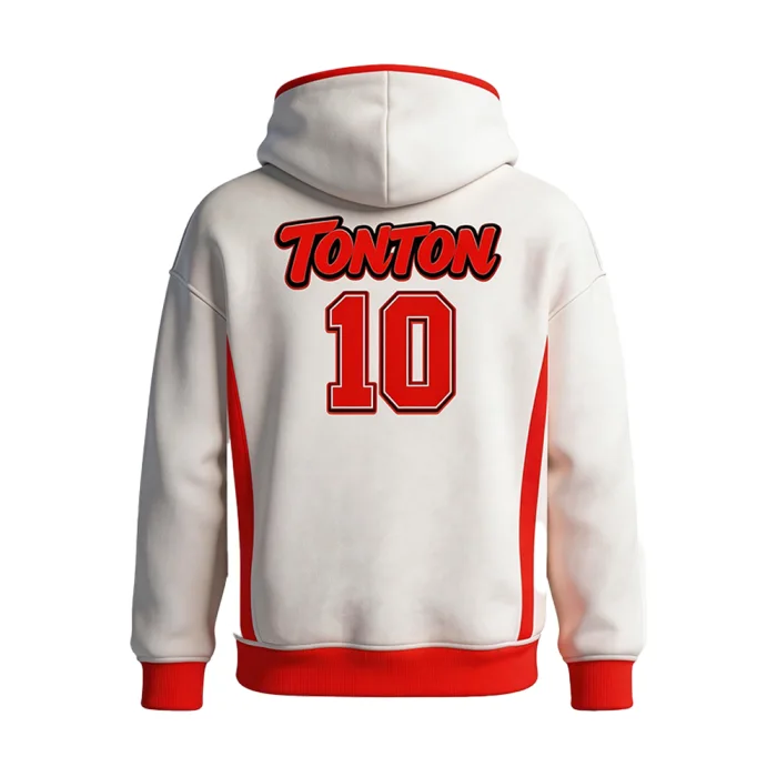Back view of tonton custom white and red football warm-up featuring a stylized tonton logo and number 10.