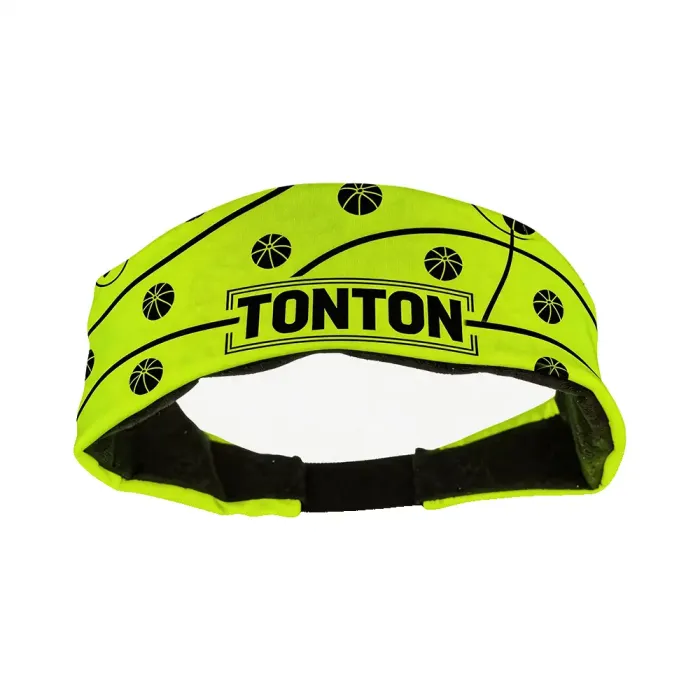 tonton custom lime green basketball headband with a repeating black mini-basketball pattern and boxed brand logo.