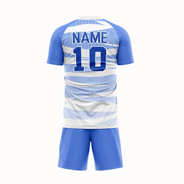 Back view of tonton blue custom soccer kit with professional player name, number 10, and blue shorts.